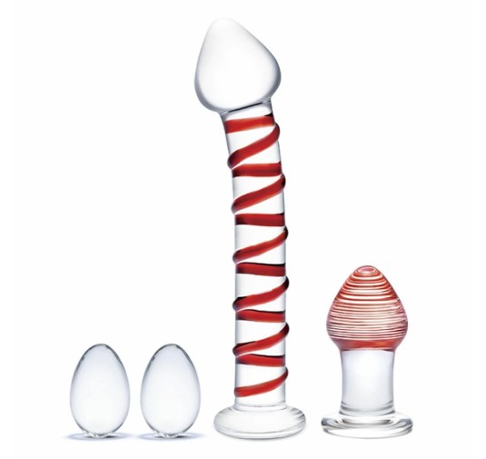 Szklane dildo, korek analny i jajeczka - Glas Mr. Swirly Set